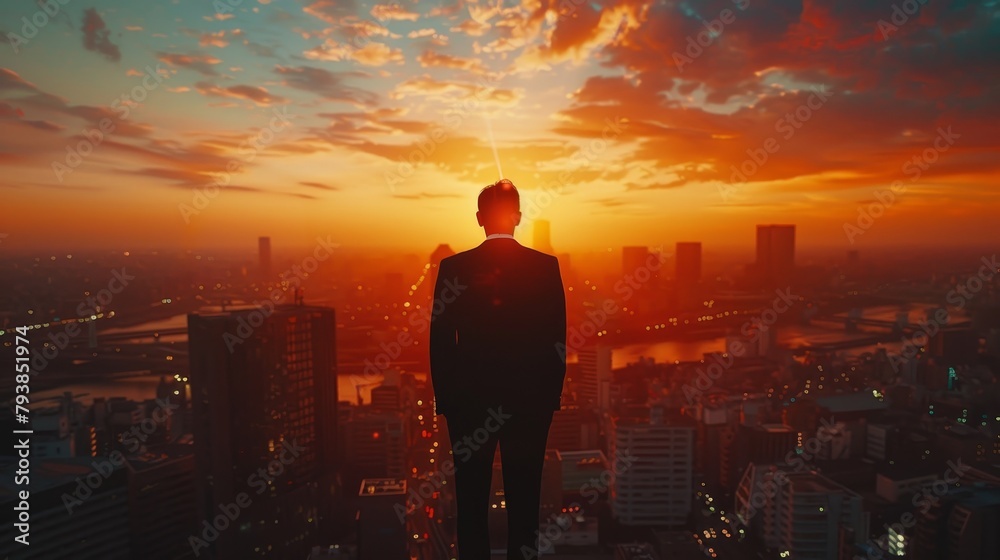A man in a suit standing on a rooftop overlooking a city at sunset.