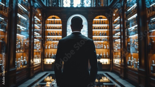 A man in a suit standing in a dimly lit room full of shelves of expensive liquor. photo