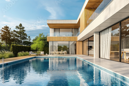 3d rendering, A modern twostory house with pool, terrace and balcony. The building is made of light wood cladding combined with white metal profile. In the background there's an outdoor lounge area.  © 수동 김