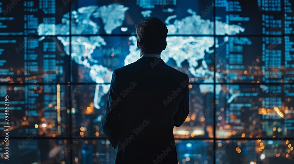 A man in a suit stands in front of a large window looking at a map of the world. A man in a suit stands in front of a large window looking at a map of the world.