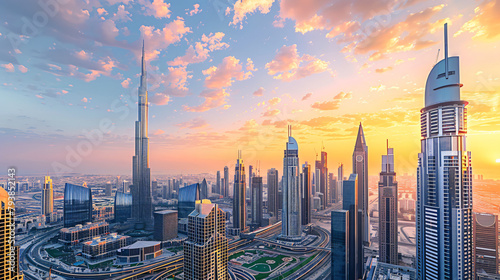 Dubai downtown with modern skyscrapers at sunset. Dubai