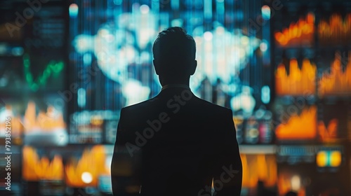 A man in a suit stands in front of a large screen with a map of the world and a lot of data.