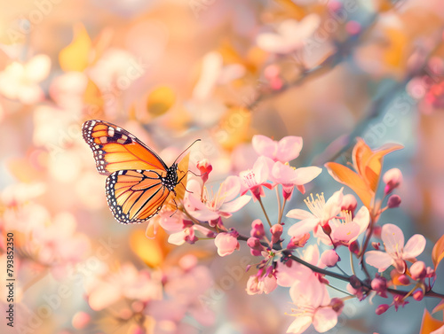 A beautiful spring background with flowers, butterflies and sunlight shining through © Sarah