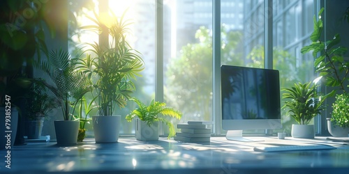 An office desk flooded with sunlight surrounded by green plants creates a refreshing workspace