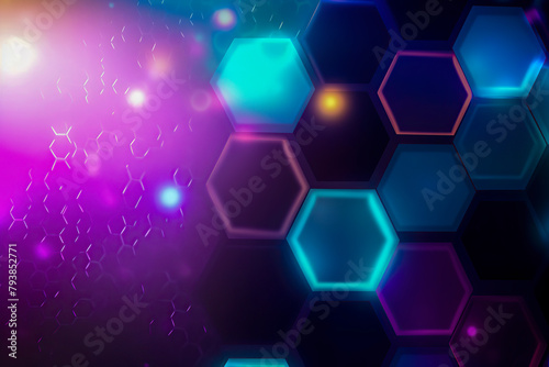 an abstract, futuristic background with colorful, glowing hexagons and dynamic particles suggesting high-tech or scientific themes
