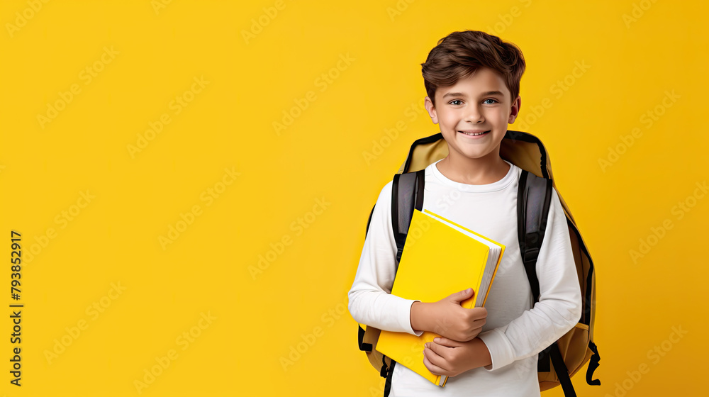 Cute scandinavian teenager boy in yellow shirt with school bag over yellow isolated background, half body, as school, education concept Cute scandinavian teenager boy in yellow shirt with school bag over yellow isolated background, half body, as school, education concept