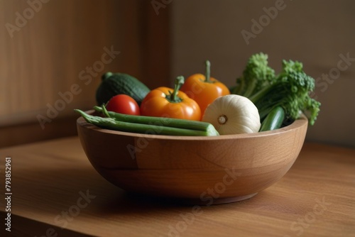 Explore the allure of fresh vegetables nestled in a wooden bowl on a kitchen counter, embodying the charm of homegrown and organic goodness.