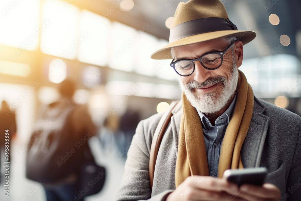 Man Using His Smartphone To Check Flight Timings At Airport Terminal Man Using His Smartphone To Check Flight Timings At Airport Terminal