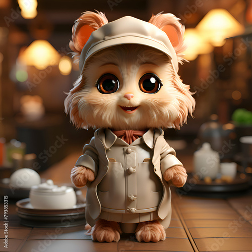 Cute little cat in a hat sits in a cafe. 3d rendering.