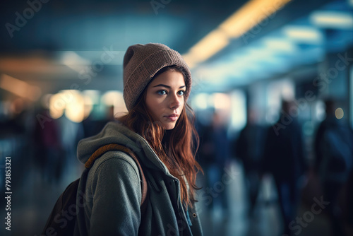 Young Pretty Girl Traveler Searching For Her Flight Gate In Airport Terminal photo