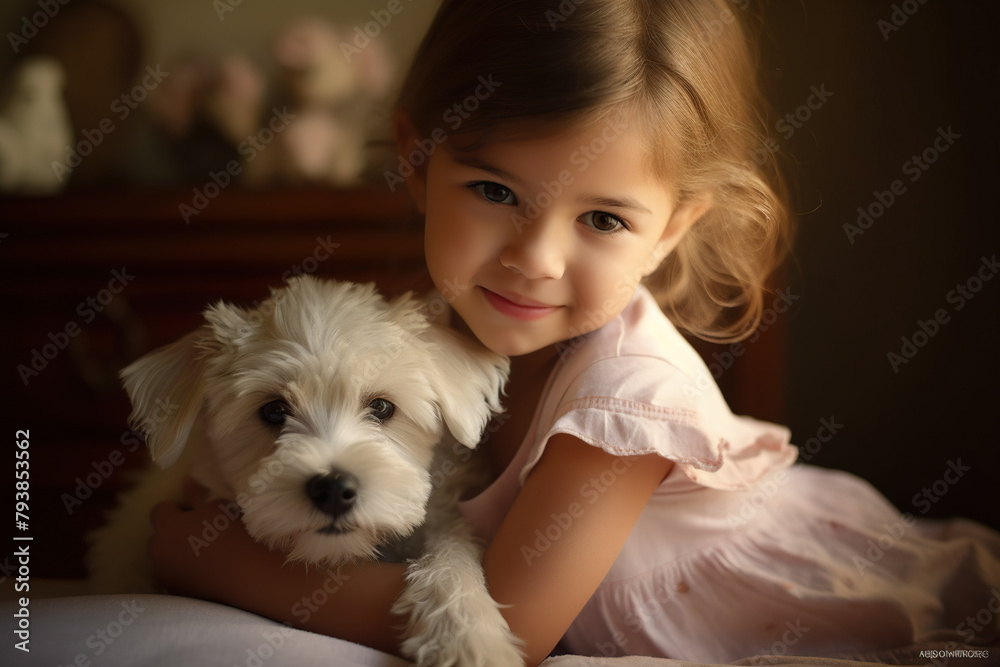Smiling Little Girl Holds Small Dog In Bed, Happy Child With Pet Smiling Little Girl Holds Small Dog In Bed, Happy Child With Pet