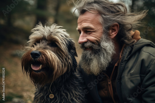Homeless Bearded Man With A Shaggy Dog Outdoors