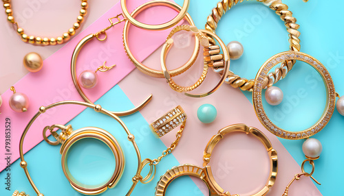 Composition with different golden rings and bracelets on color background