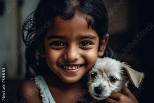 Sweet Little Girl Holds Small Puppy In Her Arms, Happy Child With Pet