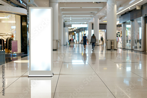 Empty white roll-up banner display in a bright shopping mall