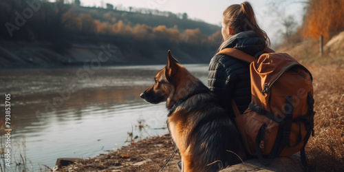 tourist girl with German shepherd dog sitting at the river, generative AI