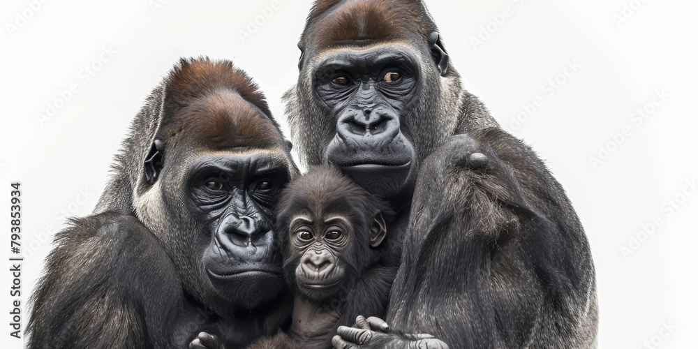 portrait of gorilla family with baby, isolated on white background portrait of gorilla family with baby, isolated on white background