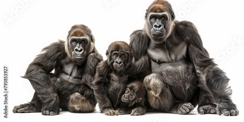 portrait of gorilla family with baby, isolated on white background © Sabina Gahramanova