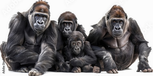 portrait of gorilla family with baby, isolated on white background