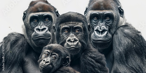 portrait of gorilla family with baby, isolated on white background