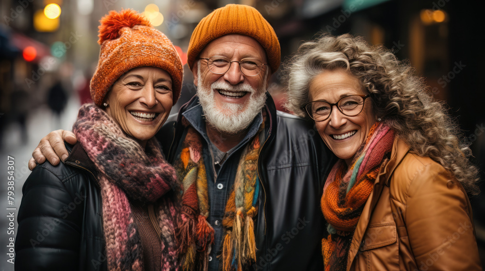 Touching trio of friends sharing laughter on a bustling city street. Generative ai. Touching trio of friends sharing laughter on a bustling city street. Generative ai.