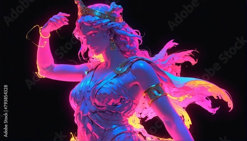 colorful neon light glowing goddess athena greek stat plain black background from Generative AI