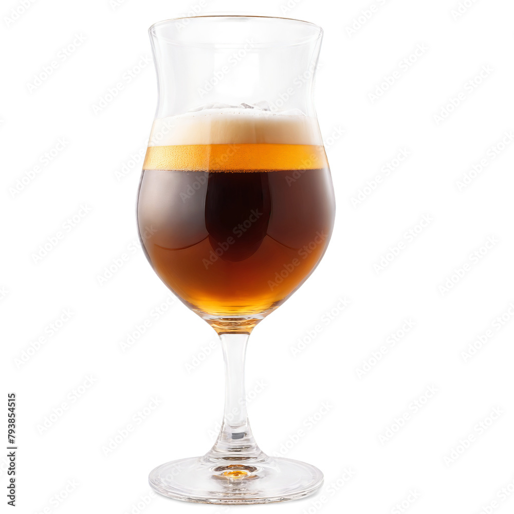 Barleywine glass snifter shaped and filled with deep amber beer one empty and one garnished Barleywine glass snifter shaped and filled with deep amber beer one empty and one garnished
