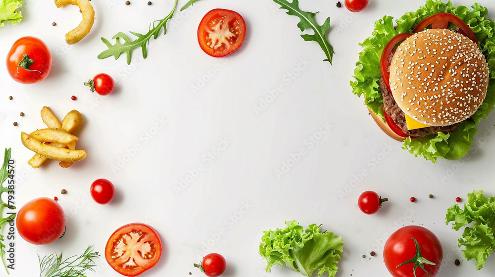 Top view of delicious burger and fresh vegetable ingredients on white background