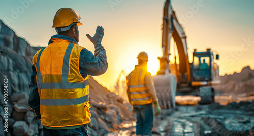 Construction workers in safety gear discussing project at sunset