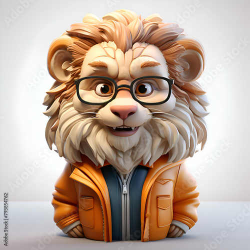Lion in a jacket and eyeglasses. 3d rendering