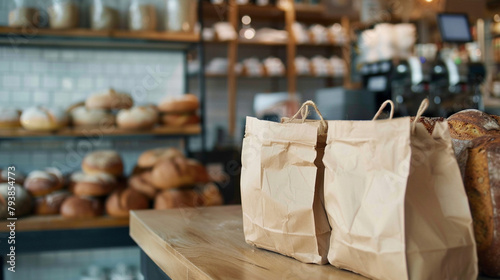 Bakery delivery service with blank delivery bag mockup for takeout orders photo