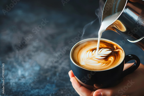 A barista pouring steamed milk into a coffee, concentration evident, set against a café mocha background, with copy space above for coffee blends or café promotions photo