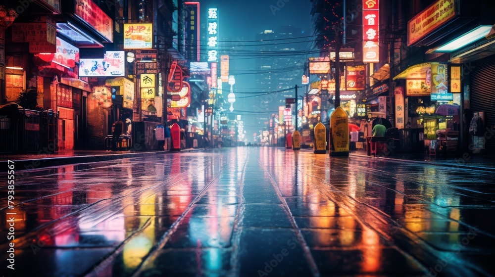 A bustling city street at night, illuminated by vibrant neon lights reflecting off wet pavement
