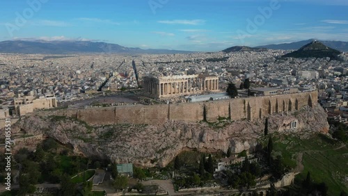 Acropolis in Greece, Parthenon in Athens drone aerial view, famous Greek tourist attraction, Ancient Greece landmark drone aerial view - sigthseeing destination Unesco Heritage world in Atene  photo