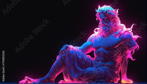 pink neon light glowing god zeus greek statue on plain black background from Generative AI
