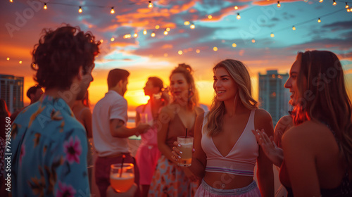 Young adults enjoying a vibrant rooftop party during a summer sunset