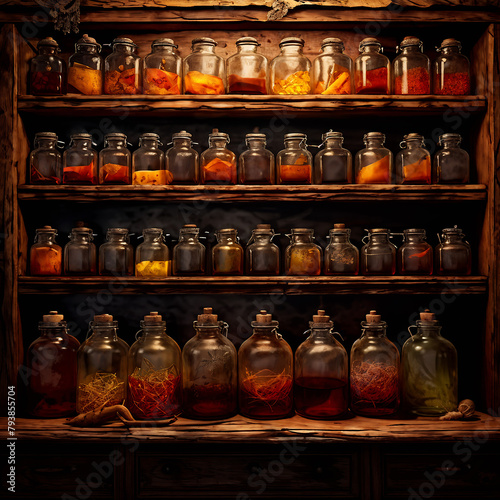 There are many small beautiful jars of bottles on the shelves