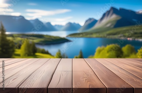 Wooden table with beautiful scenery  mountains and lake in the background. You can display your product on the table.