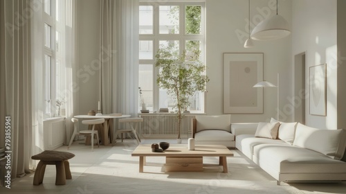 Comfortable living room  modern classic Scandinavian style house interior  with comfortable sofa couch chair  mock up decoration with poster frames on the wall.. Natural light from the window.