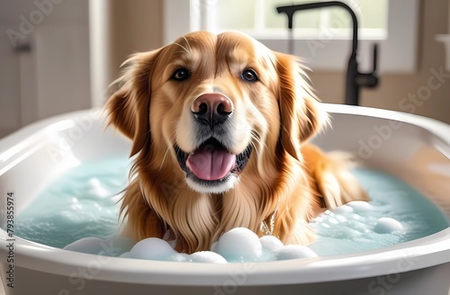 Joyful golden retriever enjoying a bubbly bath  bathtub filled with soap foam