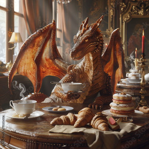 The Wawel Dragon is busily drinking coffee with croissants at a table in a cozy cafe
