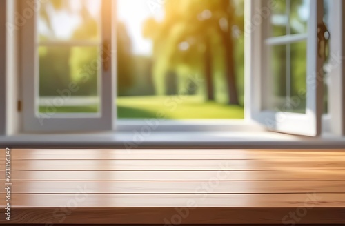 A light wooden textured table against a blurred summer window background.