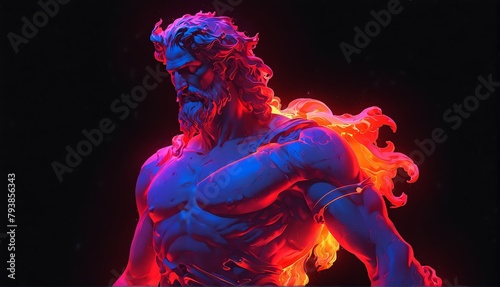 red neon light glowing god zeus greek statue on plain black background from Generative AI