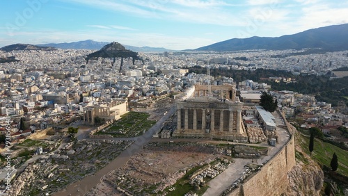 Obraz na płótnie Acropolis in Greece, Parthenon in Athens drone aerial view, famous Greek tourist attraction, Ancient Greece landmark drone aerial view - sigthseeing destination Unesco Heritage world in Atene w salonie