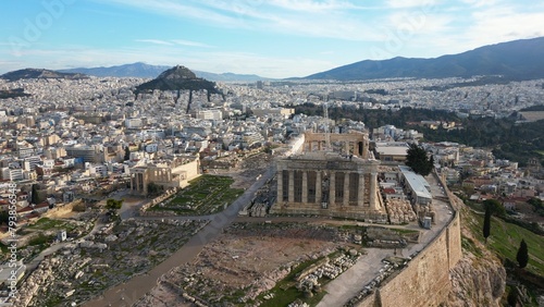 Acropolis in Greece, Parthenon in Athens drone aerial view, famous Greek tourist attraction, Ancient Greece landmark drone aerial view - sigthseeing destination Unesco Heritage world in Atene 