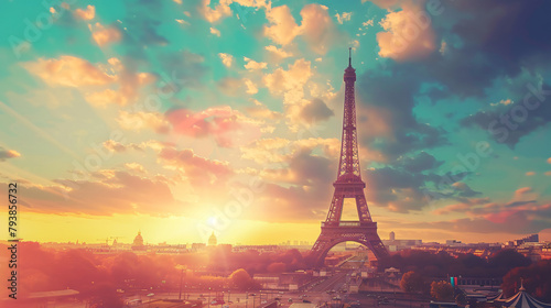 Eiffel Tower at sunset in Paris France. Vintage filter © Cedar