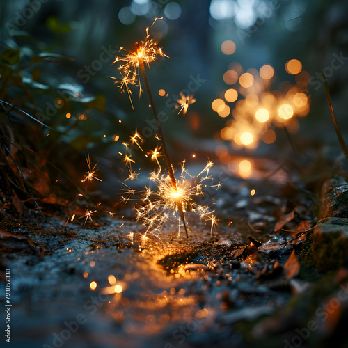 sparkler on the ground in the forest. bokeh