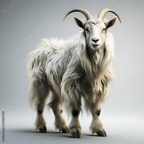 White goat with long horns on a gray background. 3d rendering photo
