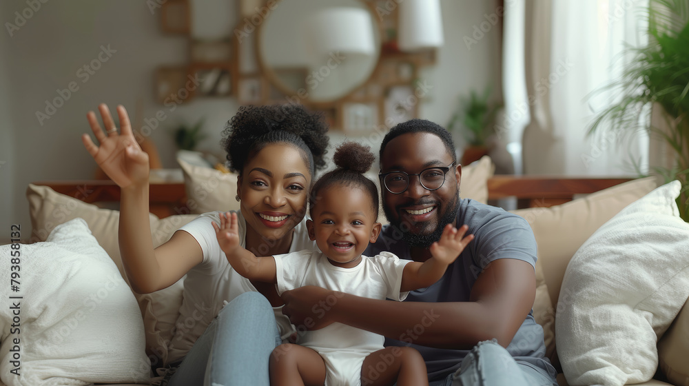Joyful African american family with young daughter sitting on a couch at home, smiling and waving at the camera. They share a moment of happiness and togetherness. Joyful African american family with young daughter sitting on a couch at home, smiling and waving at the camera. They share a moment of happiness and togetherness.
