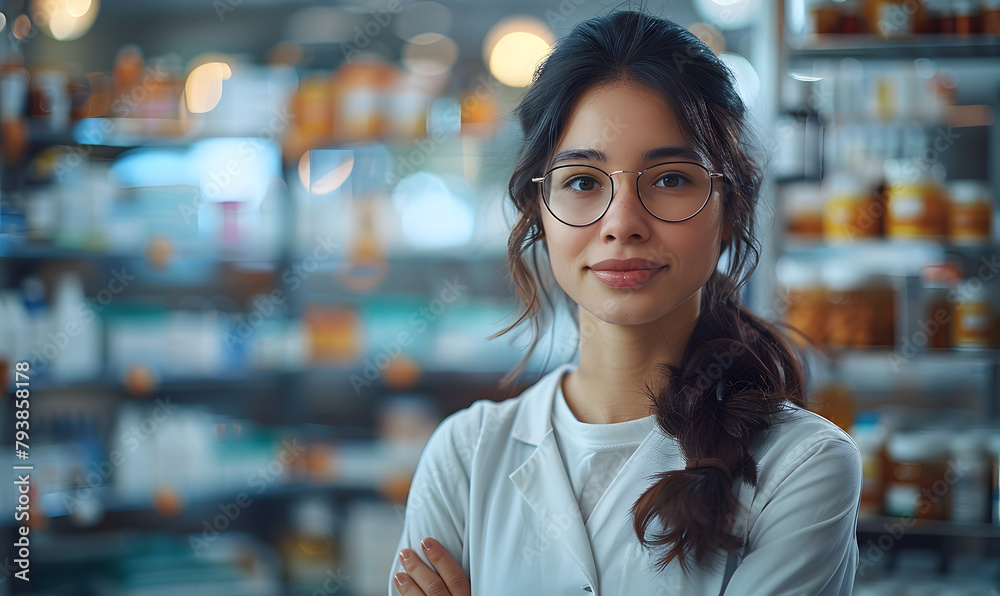 Young beautiful Hispanic woman pharmacist smiling confidently standing with arms crossed gesture